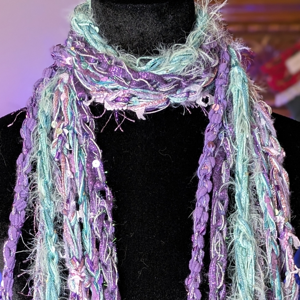 Mermaid Fringe Scarf Handmade Purple Pink Aqua Lavender Turquoise Metallic Flowy